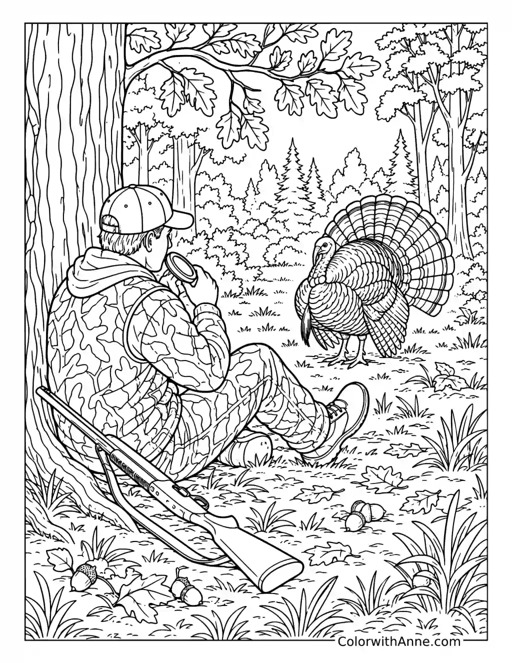 Turkey Calling in the Forest coloring page