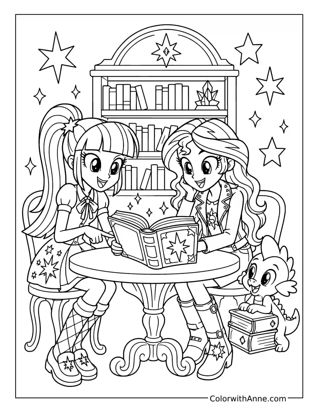 Twilight and Sunset Reading with Spike coloring page