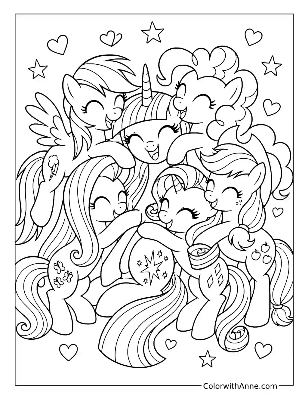Twilight Sparkle and Friends Group Hug coloring page