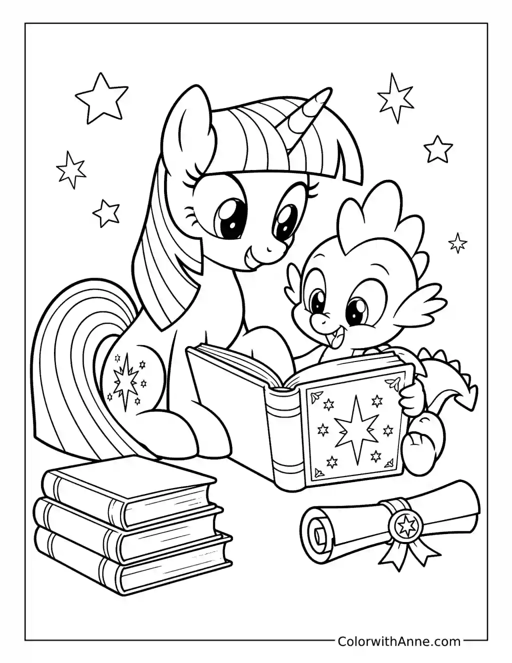 Twilight Sparkle and Spike Reading Together coloring page