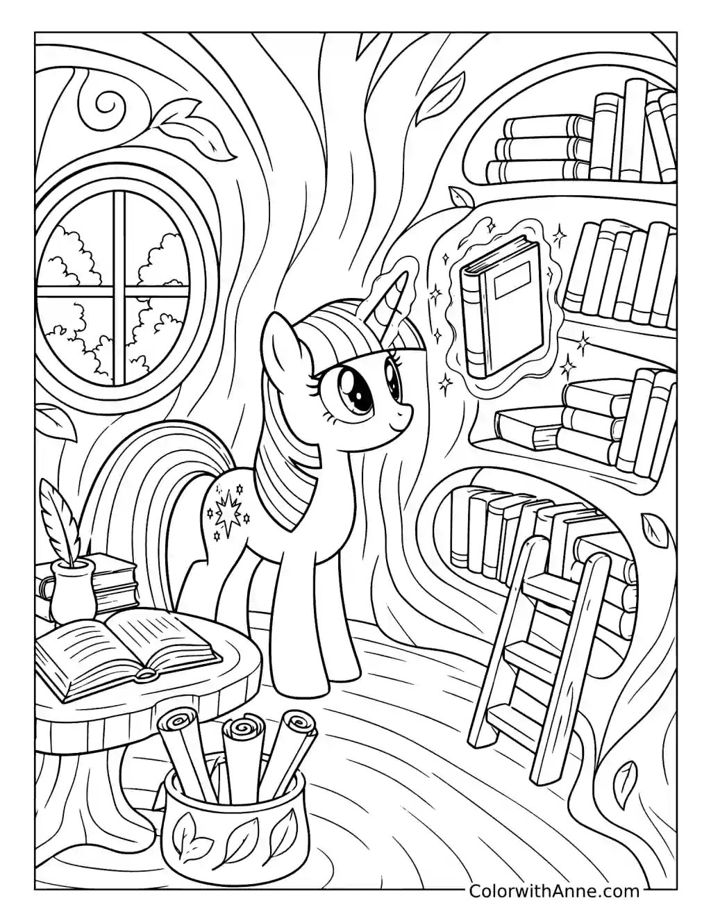 Twilight Sparkle in the Golden Oak Library coloring page