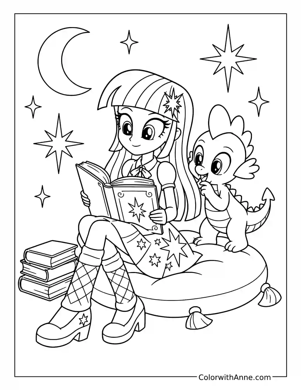 Twilight Sparkle Reading with Spike coloring page