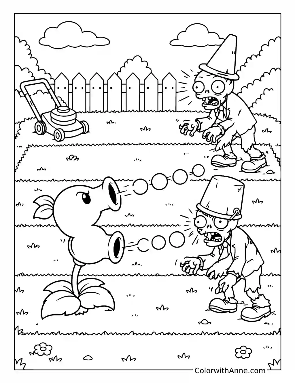 Twin-Barreled Peashooter Firing at Two Zombies coloring page