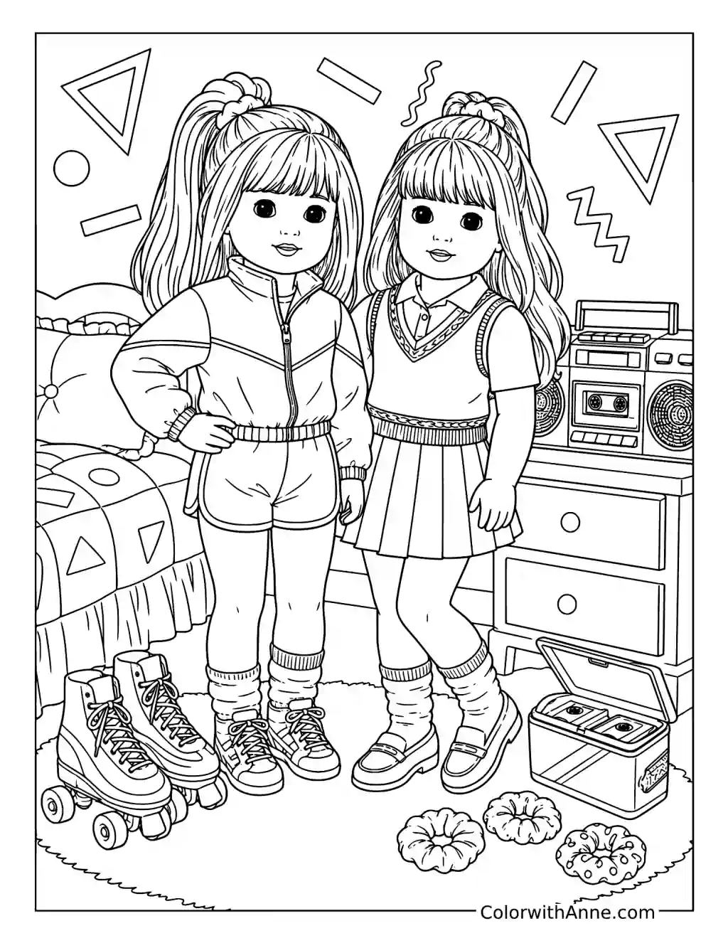 Twin Dolls in a 1990s Bedroom coloring page