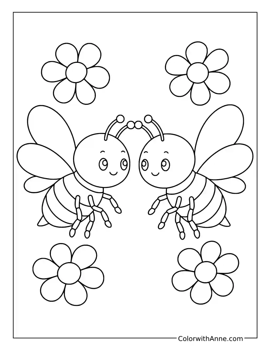 Two Bees Among Four Flowers coloring page