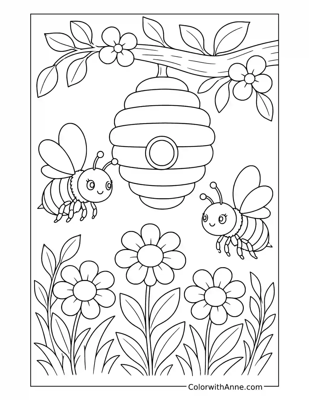 Two Bees Beside a Hanging Hive coloring page