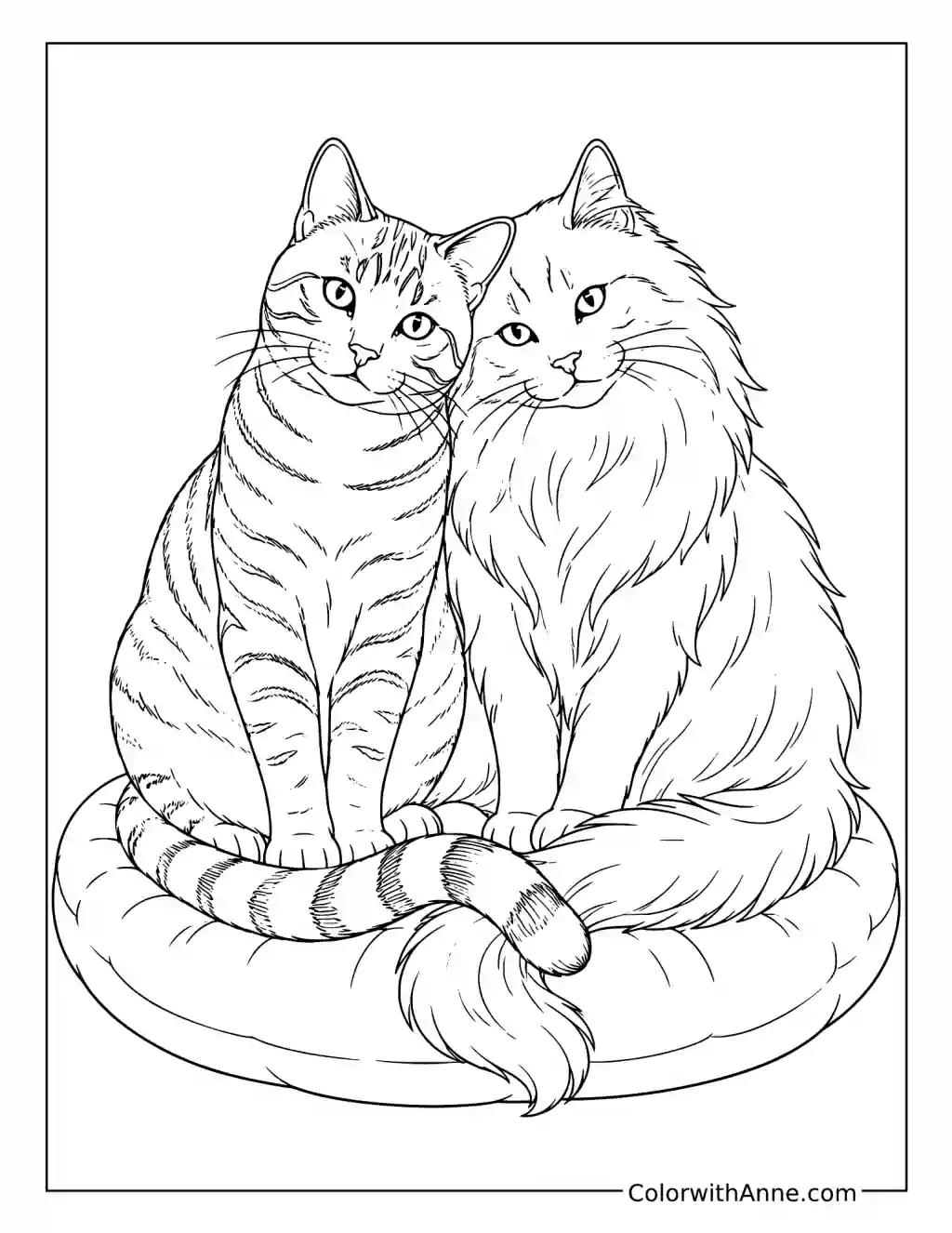 Two Cats Cuddling on a Cushion coloring page
