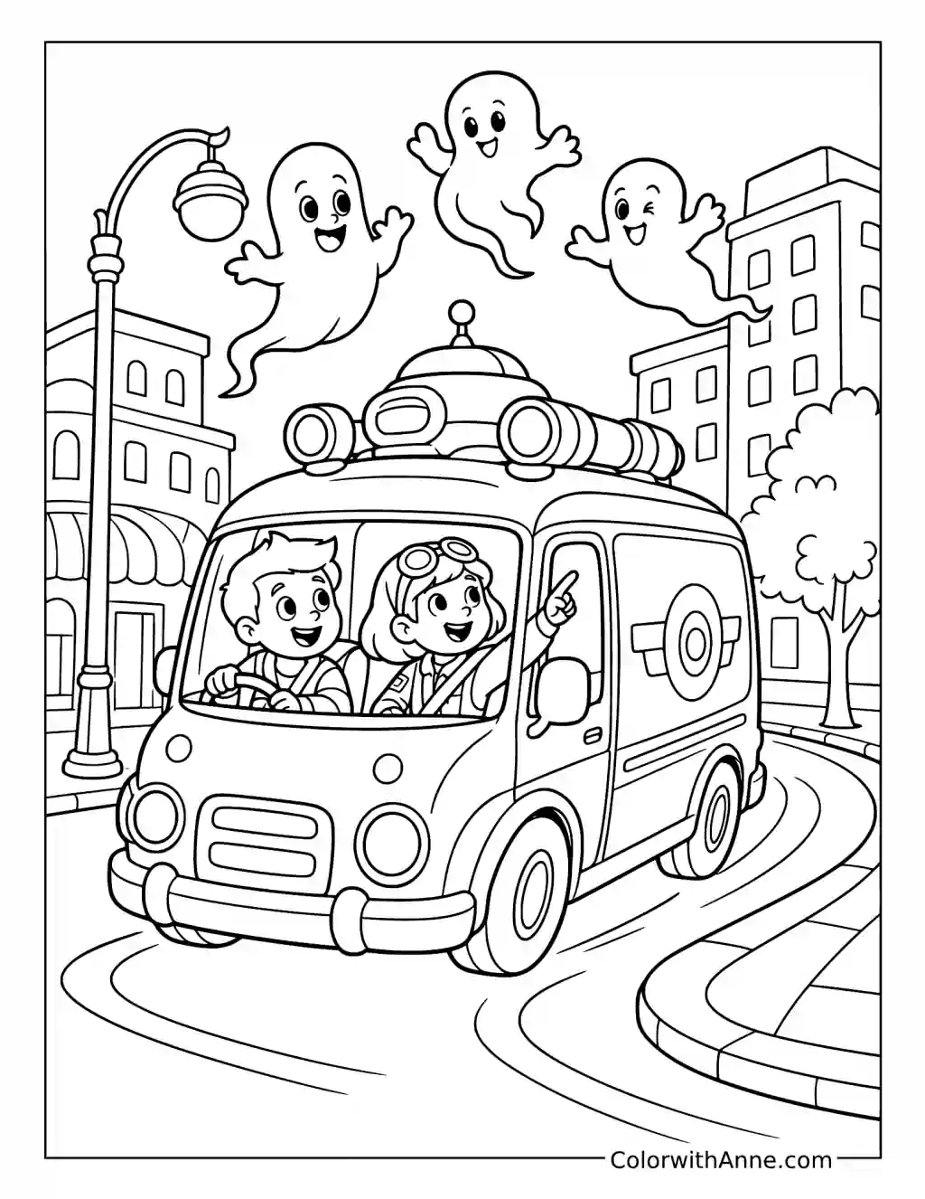 Two Ghost Hunters Driving Beneath Three Floating Spirits coloring page