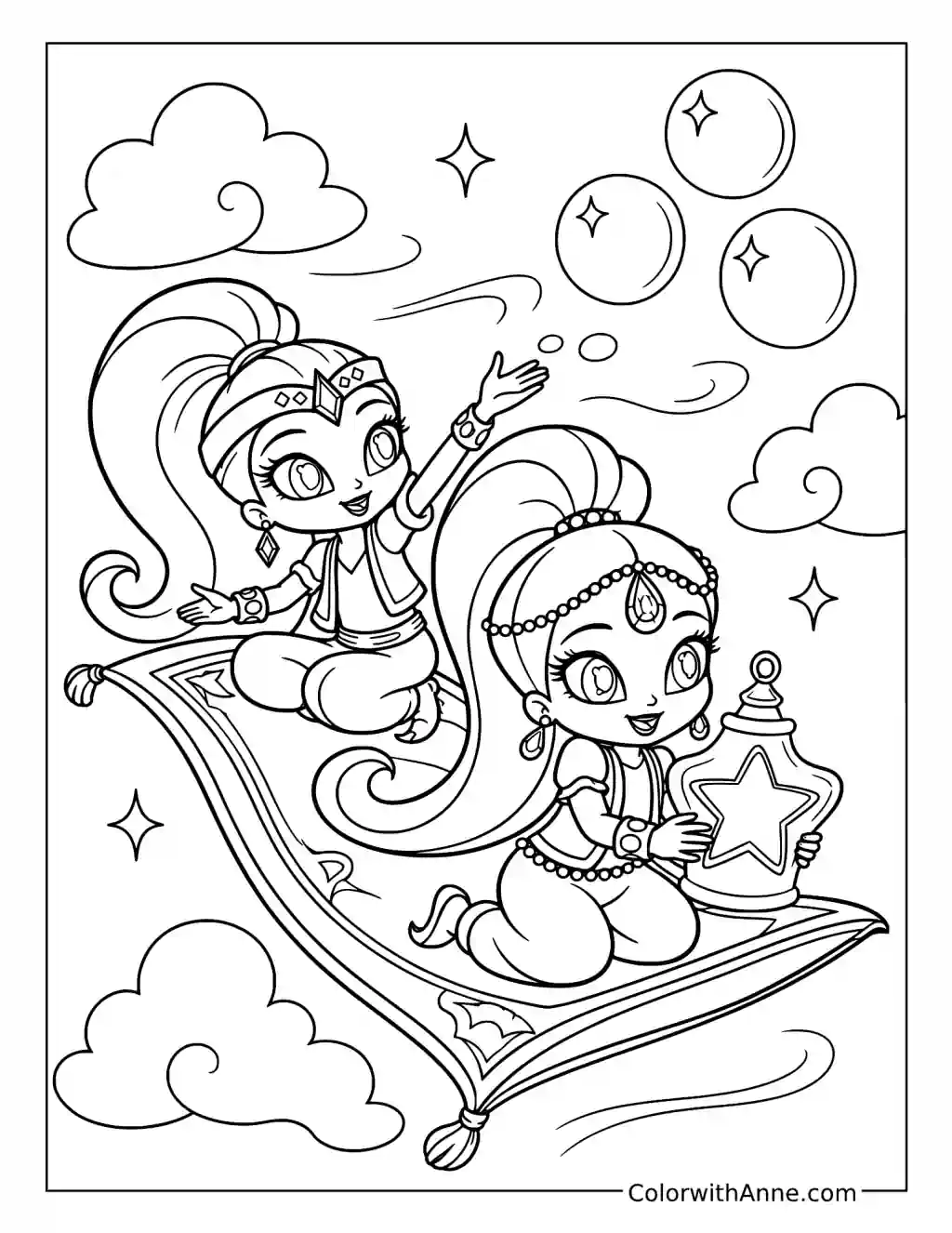Two Girls on a Lantern-Lit Flying Carpet coloring page