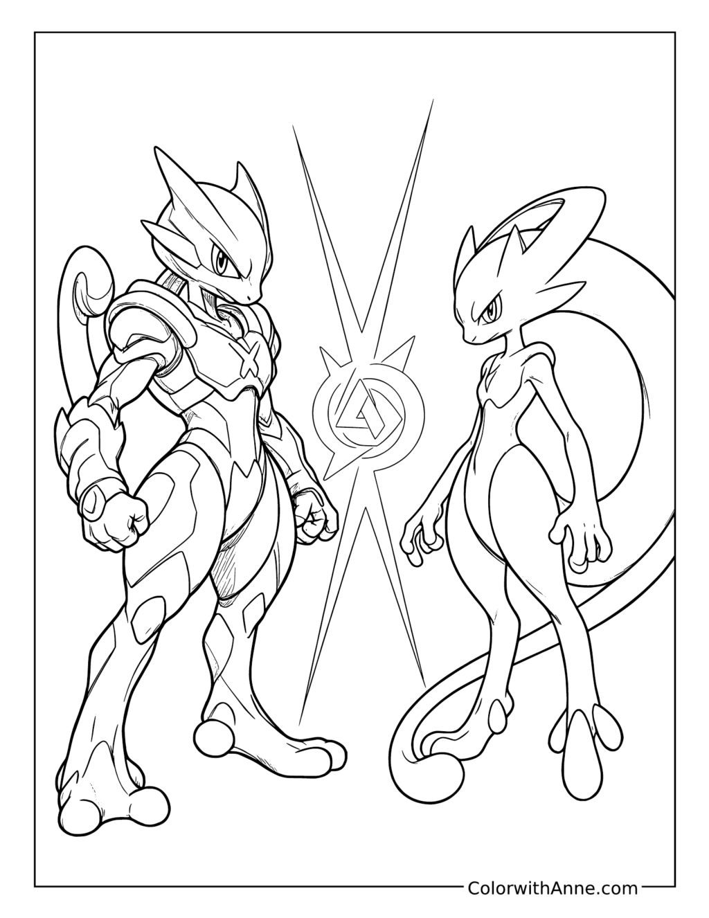 Two Humanoid Creatures Beside a Central Emblem coloring page
