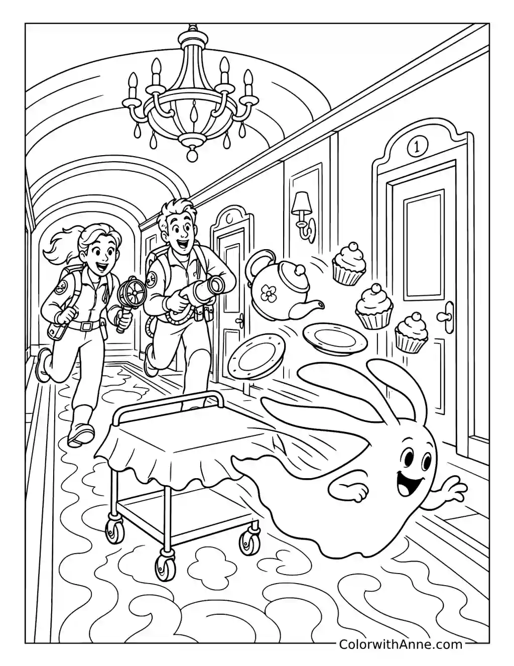 Two Investigators Chasing a Ghost Past a Hotel Dessert Cart coloring page