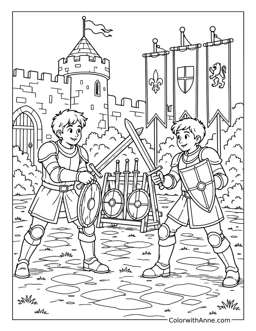 Two Knights Practicing Together coloring page