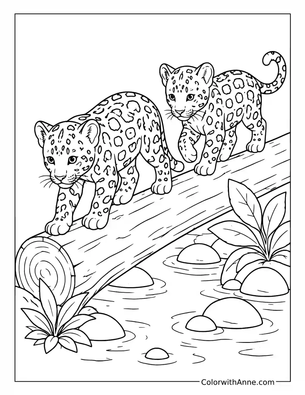 Two Leopard Cubs Crossing a Fallen Log coloring page