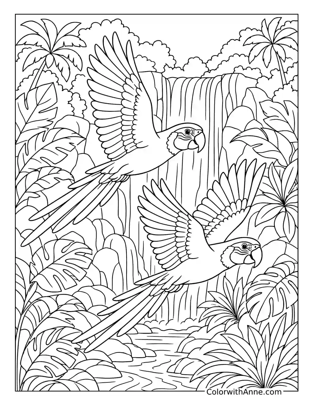 Two Macaws Flying over a Jungle Waterfall coloring page