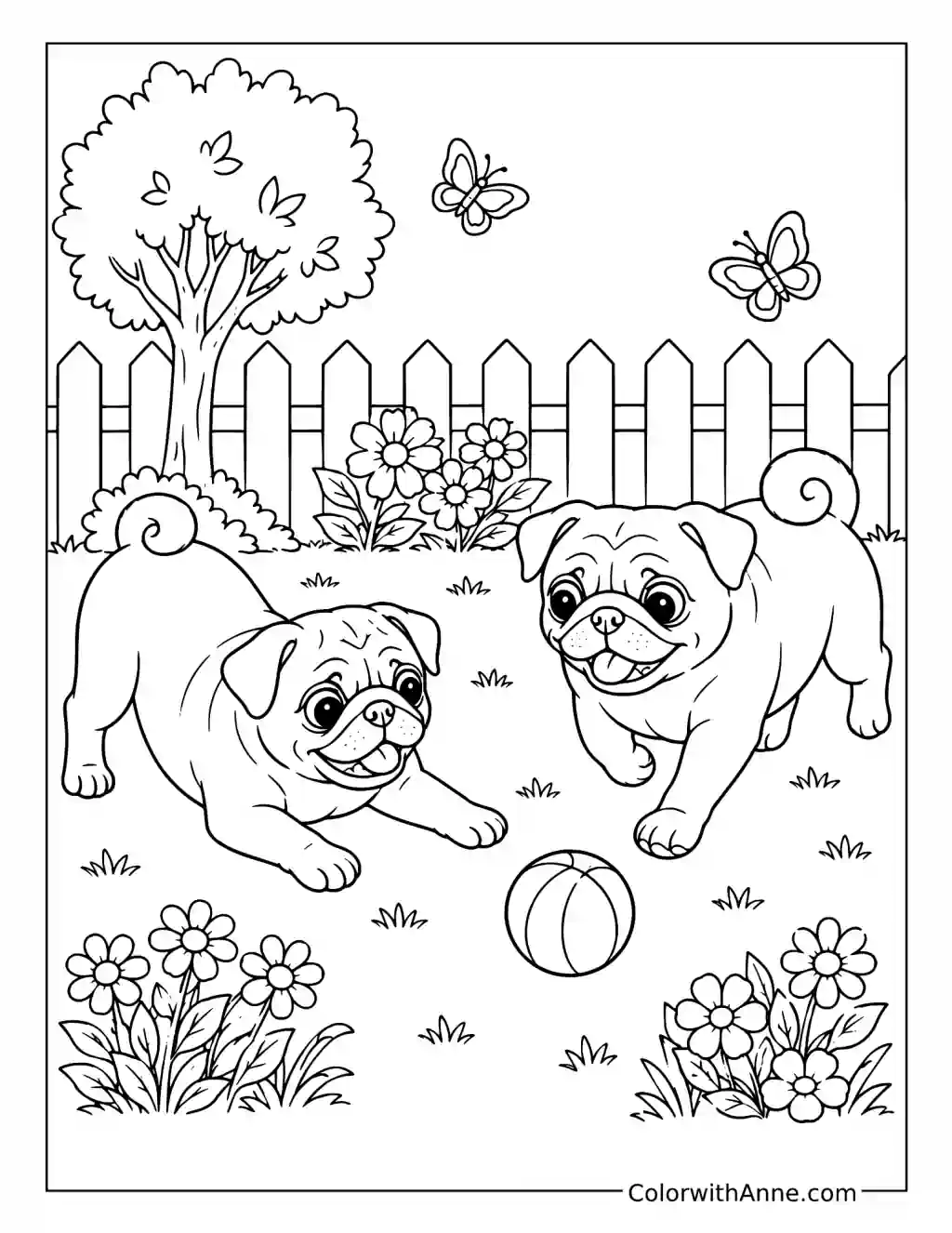 Two Pugs Playing Together coloring page