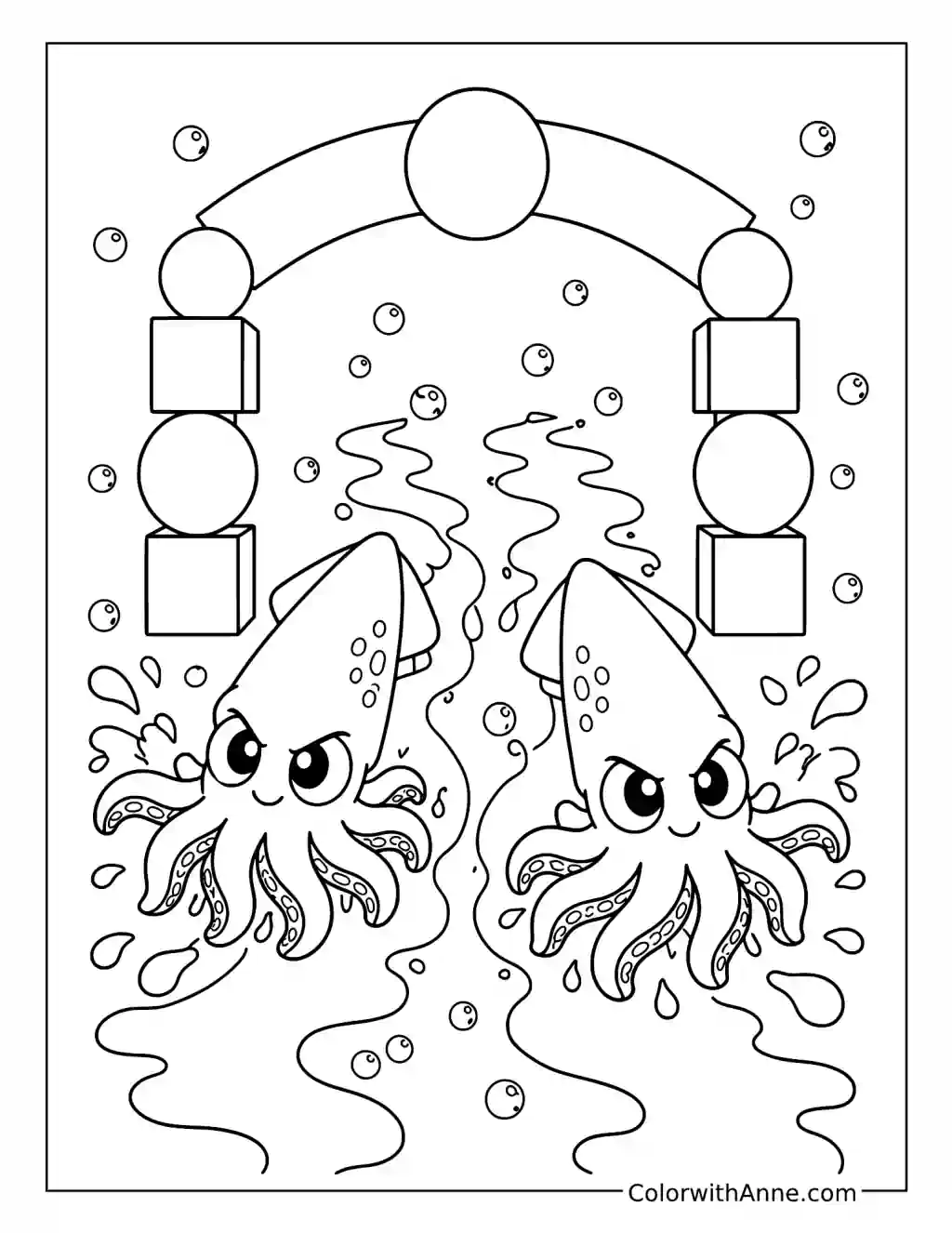 Two Squids Racing Through Ink coloring page