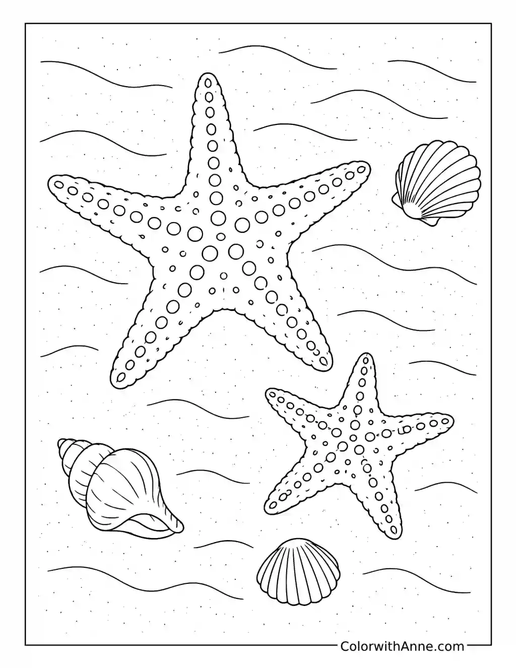 Two Starfish with Seashells on Rippled Sand coloring page
