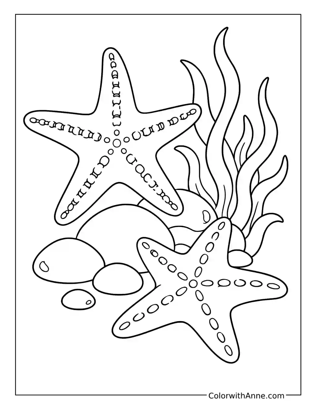 Two Starfish with Smooth Stones and Seaweed coloring page