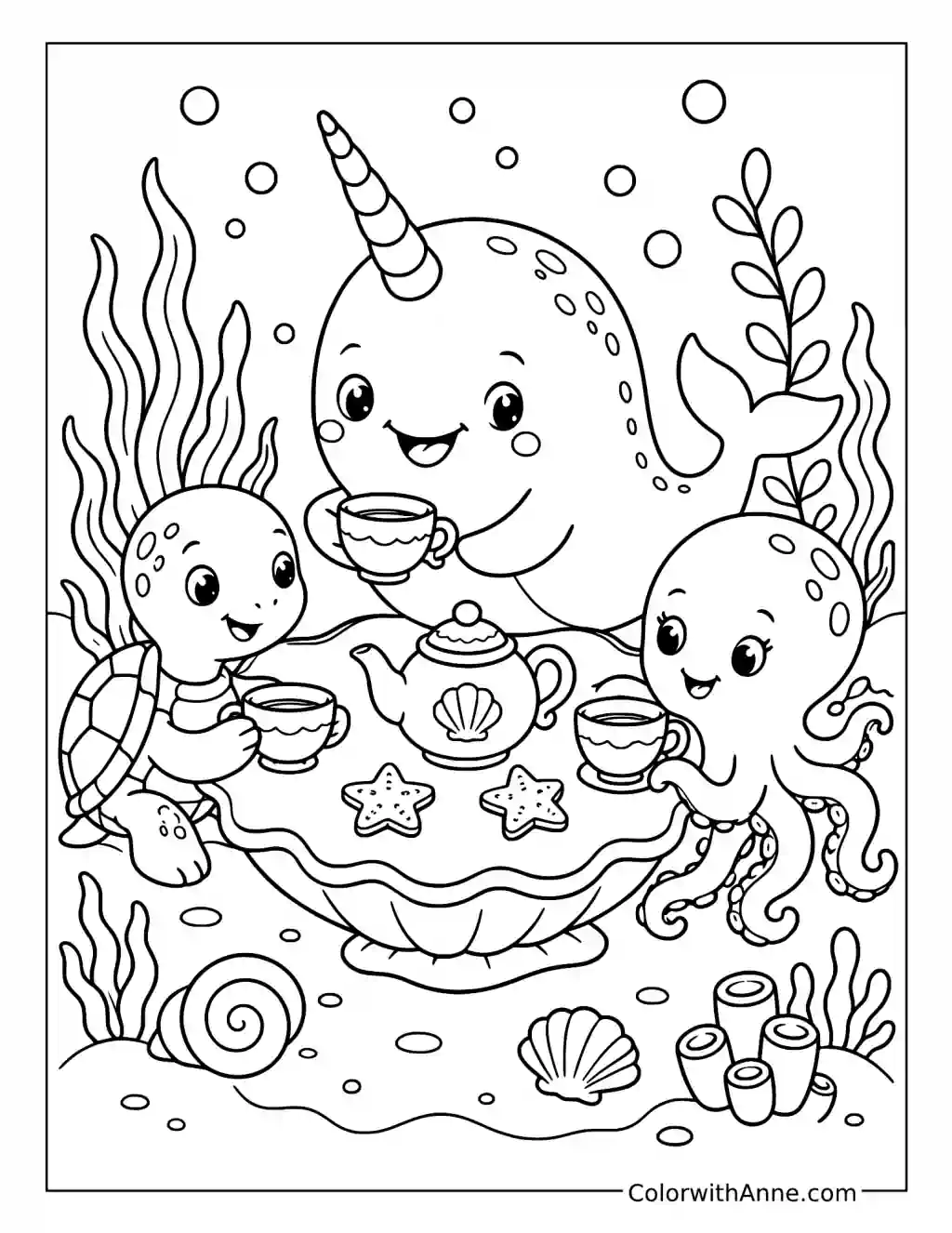 Underwater Tea Party with Sea Friends coloring page