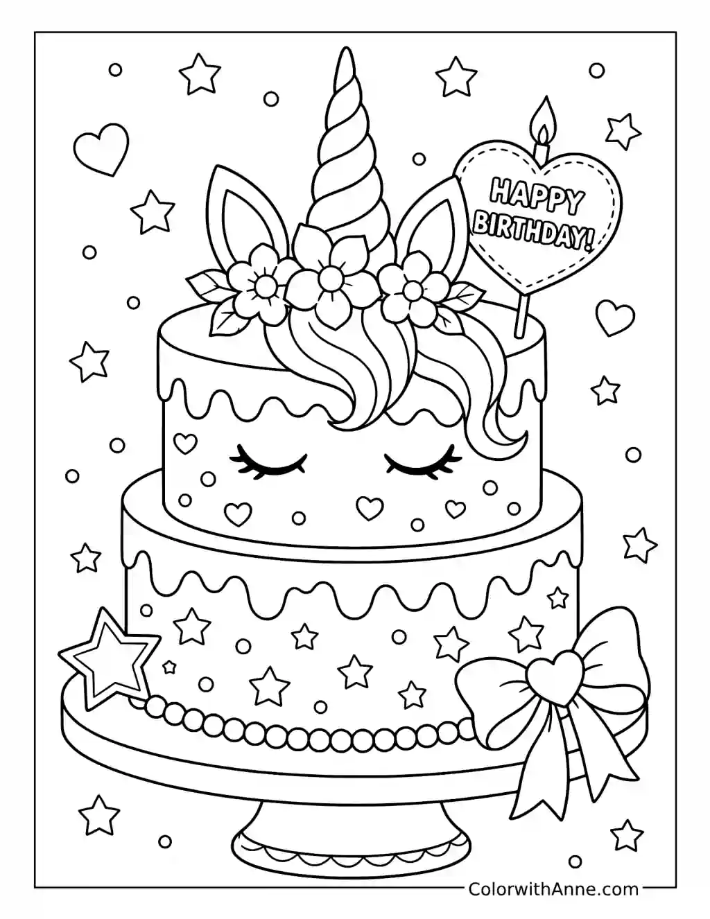Unicorn Birthday Cake with Stars coloring page