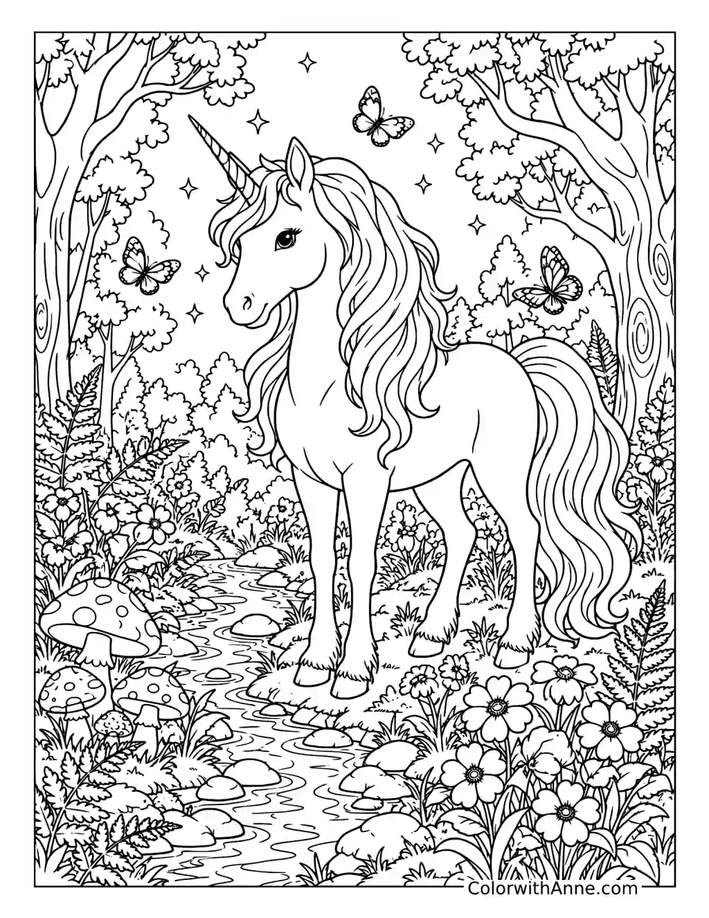 Unicorn in an Enchanted Forest coloring page