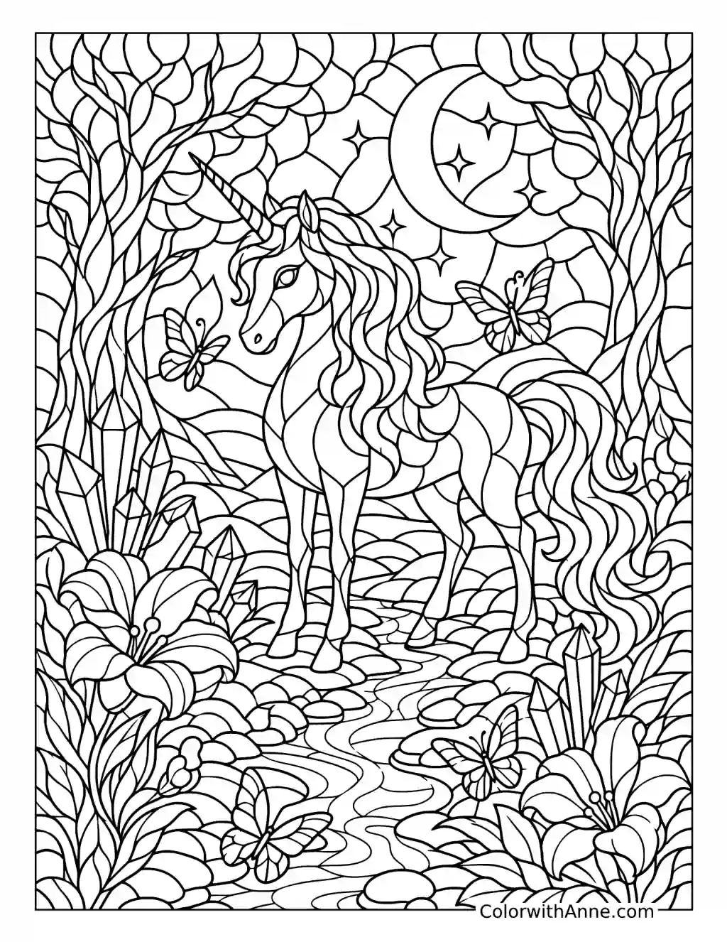 Unicorn in an Enchanted Forest Stained Glass coloring page