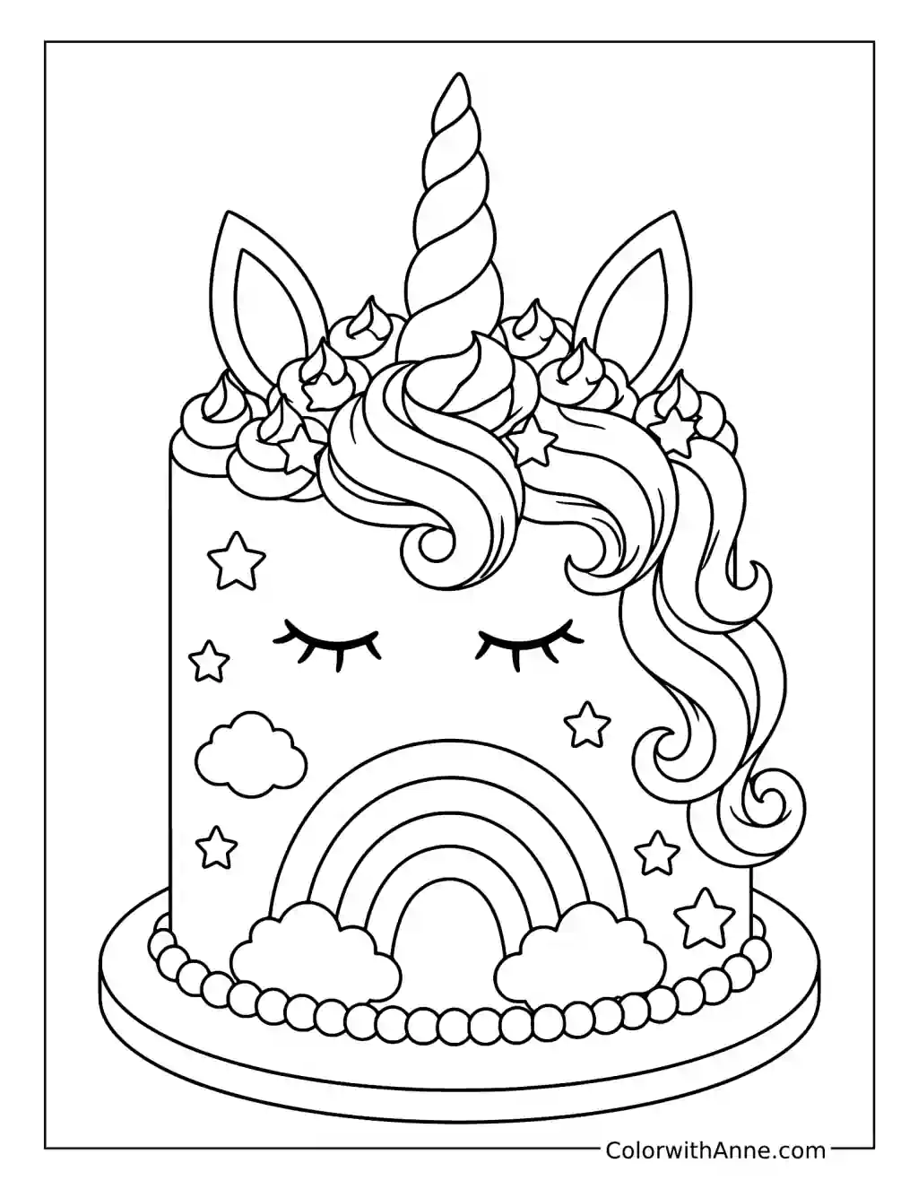 Unicorn Rainbow Birthday Cake coloring page