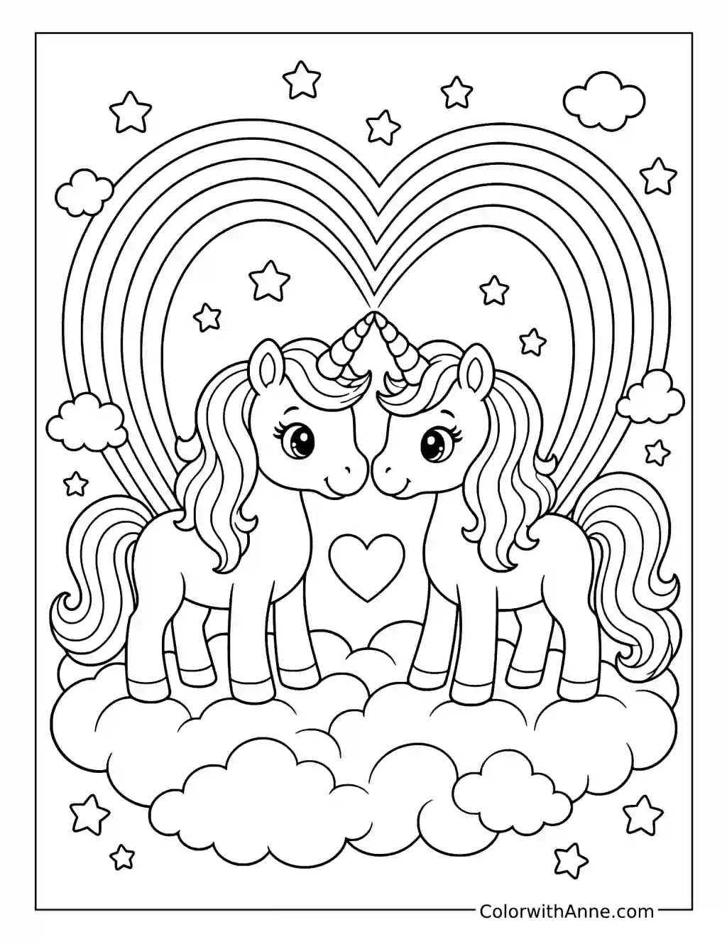 Unicorns beneath a Heart-Shaped Rainbow coloring page