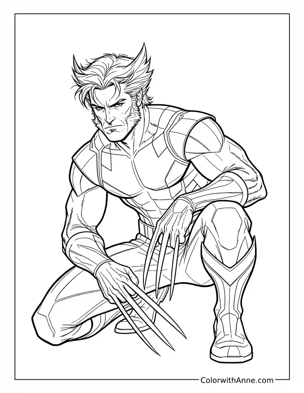 Unmasked Wolverine Crouching with Claws Drawn coloring page