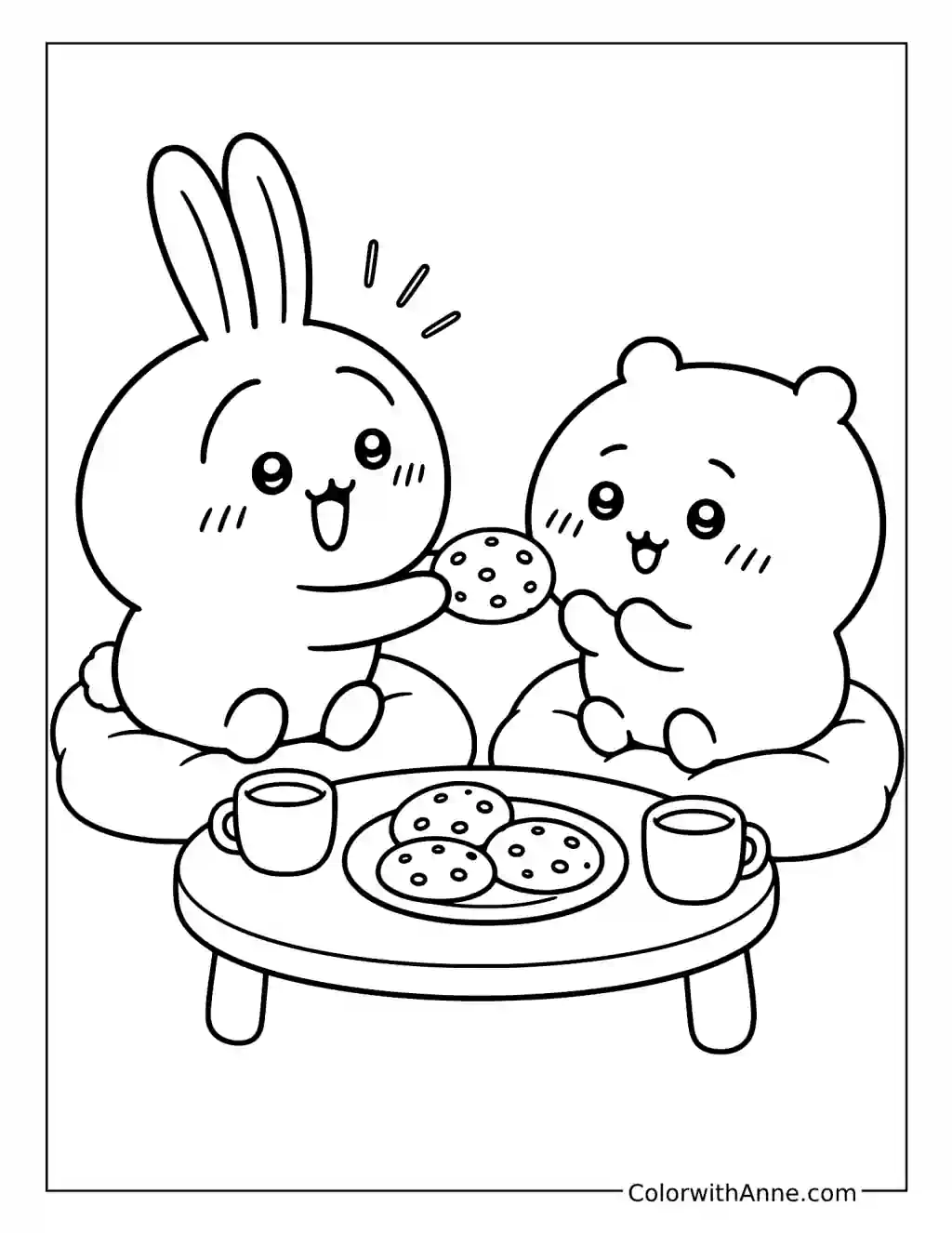 Usagi and Chiikawa Share Snacks coloring page