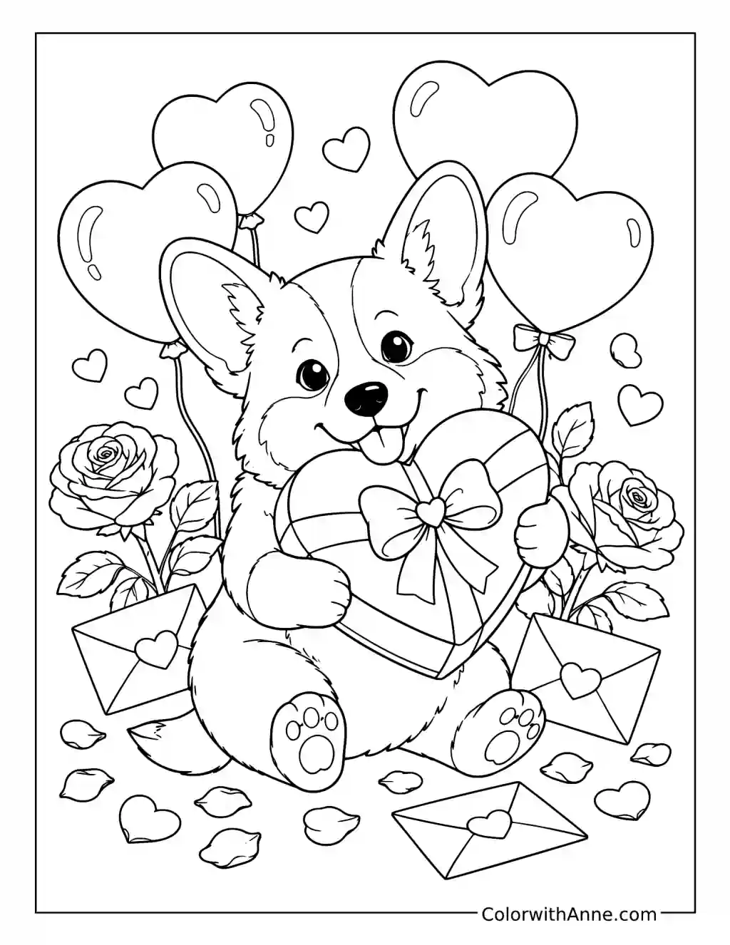 Valentine Corgi with Hearts coloring page