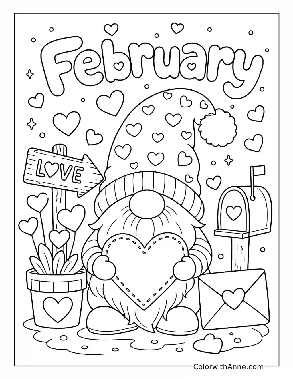 Valentine Gnome Holding a Heart coloring page