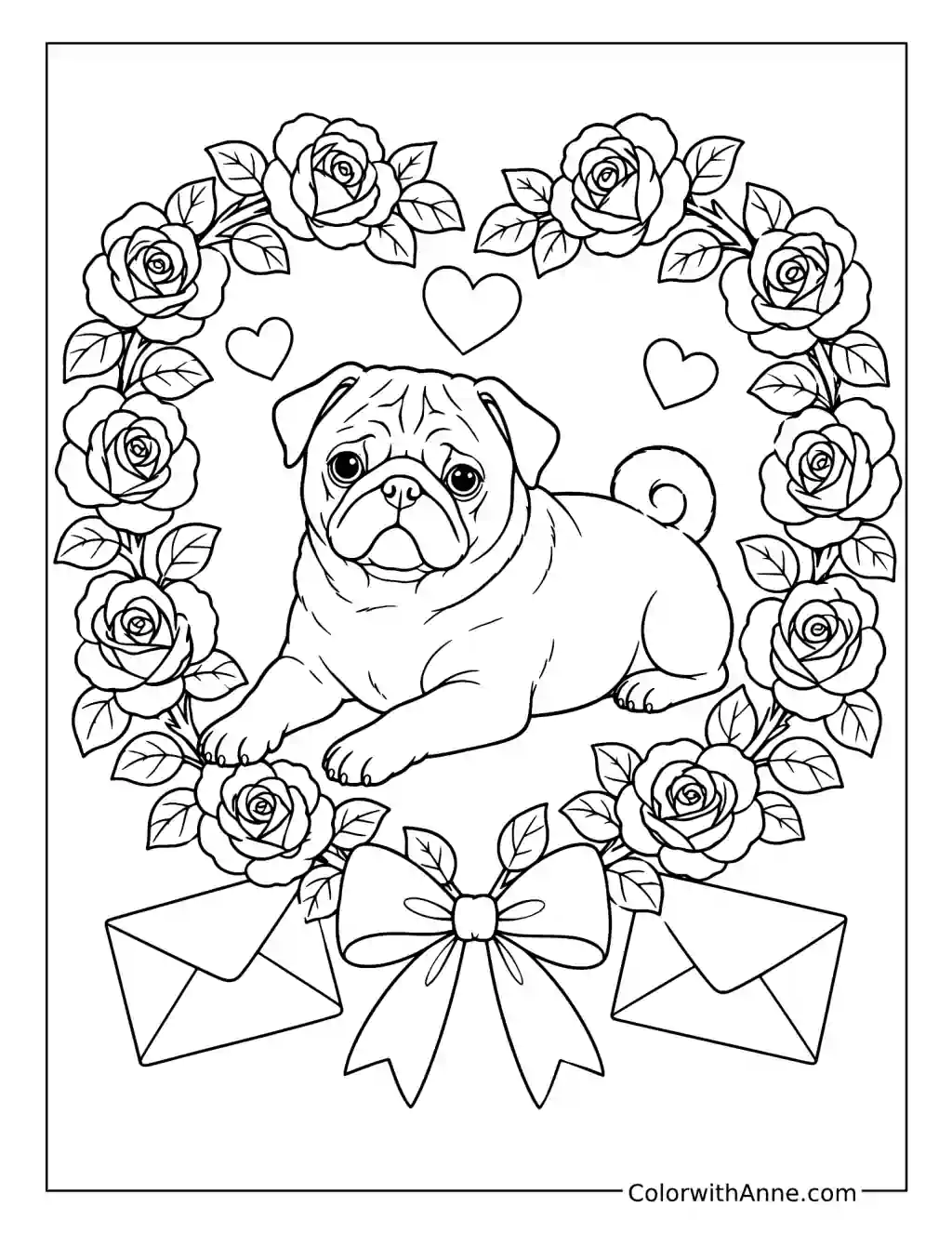 Valentine Pug with Hearts coloring page