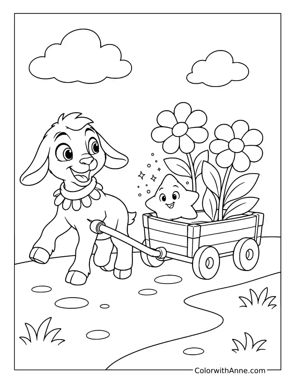 Valentino Pulling Star in a Flower Wagon coloring page
