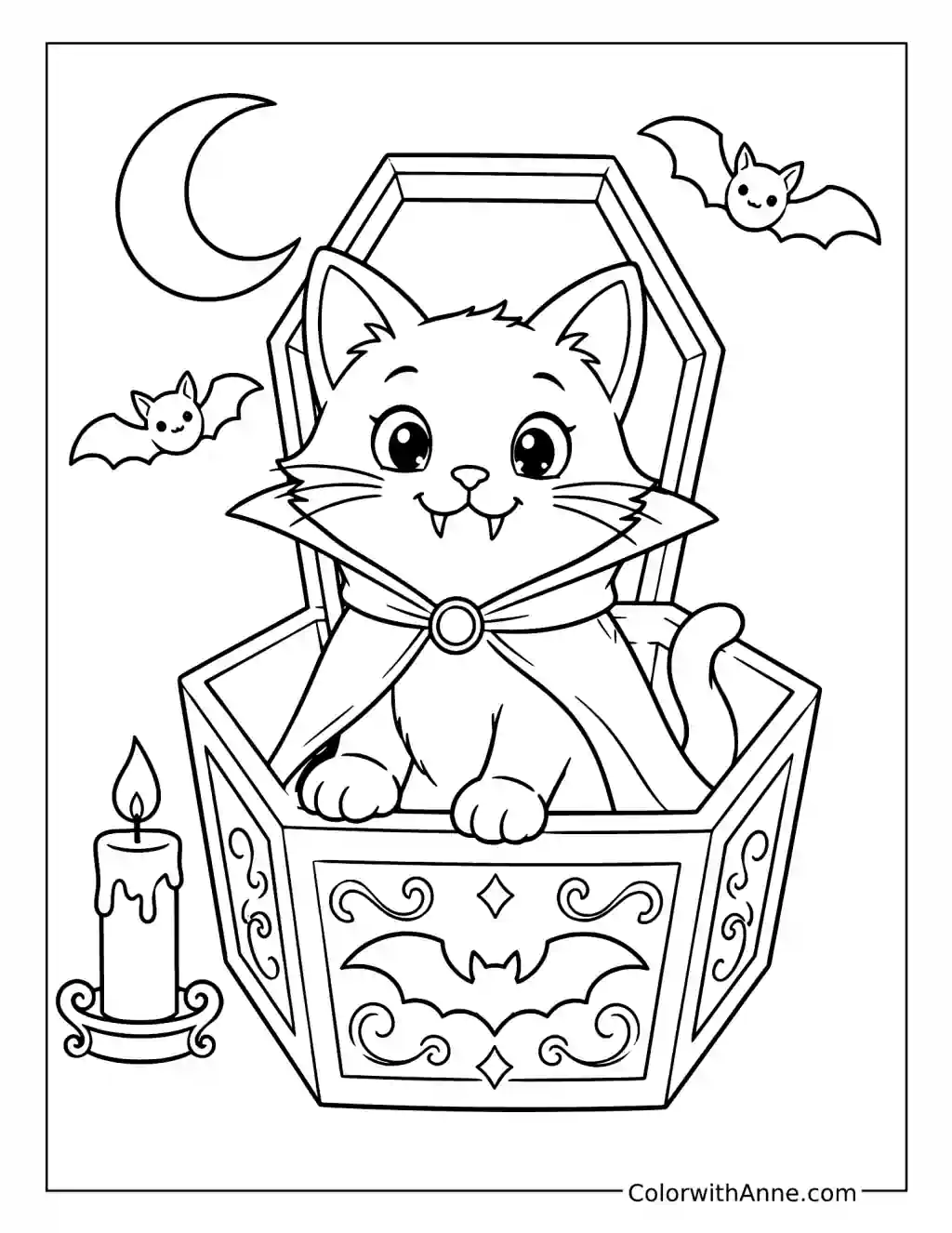 Vampire Cat in a Coffin coloring page