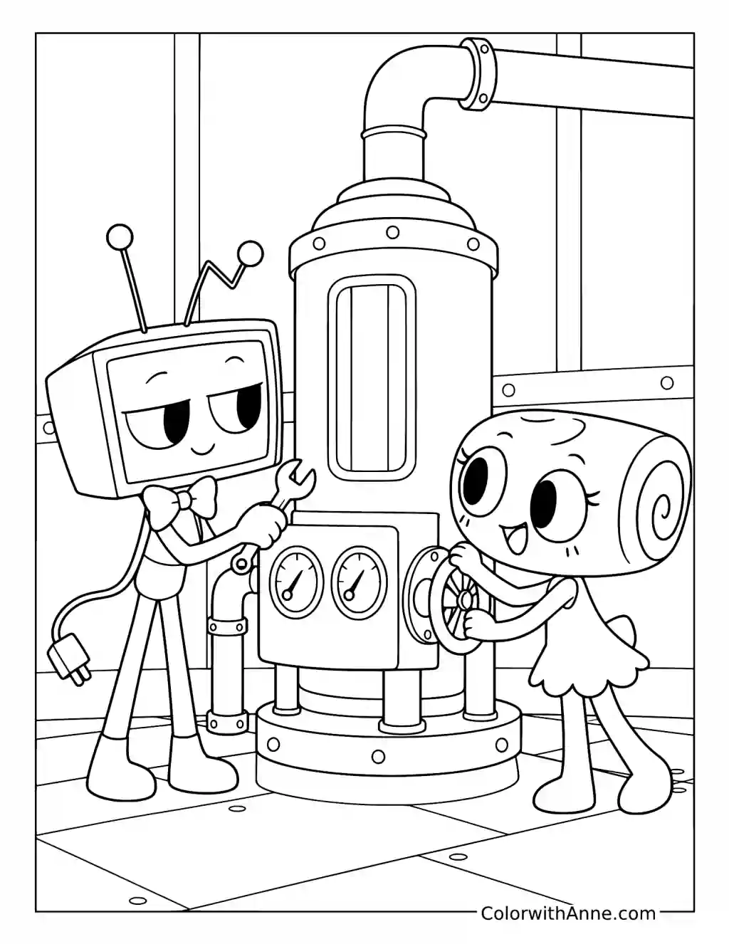Vee and Shelly work beside a tall machine with a pipe, round gauges, and a handwheel.