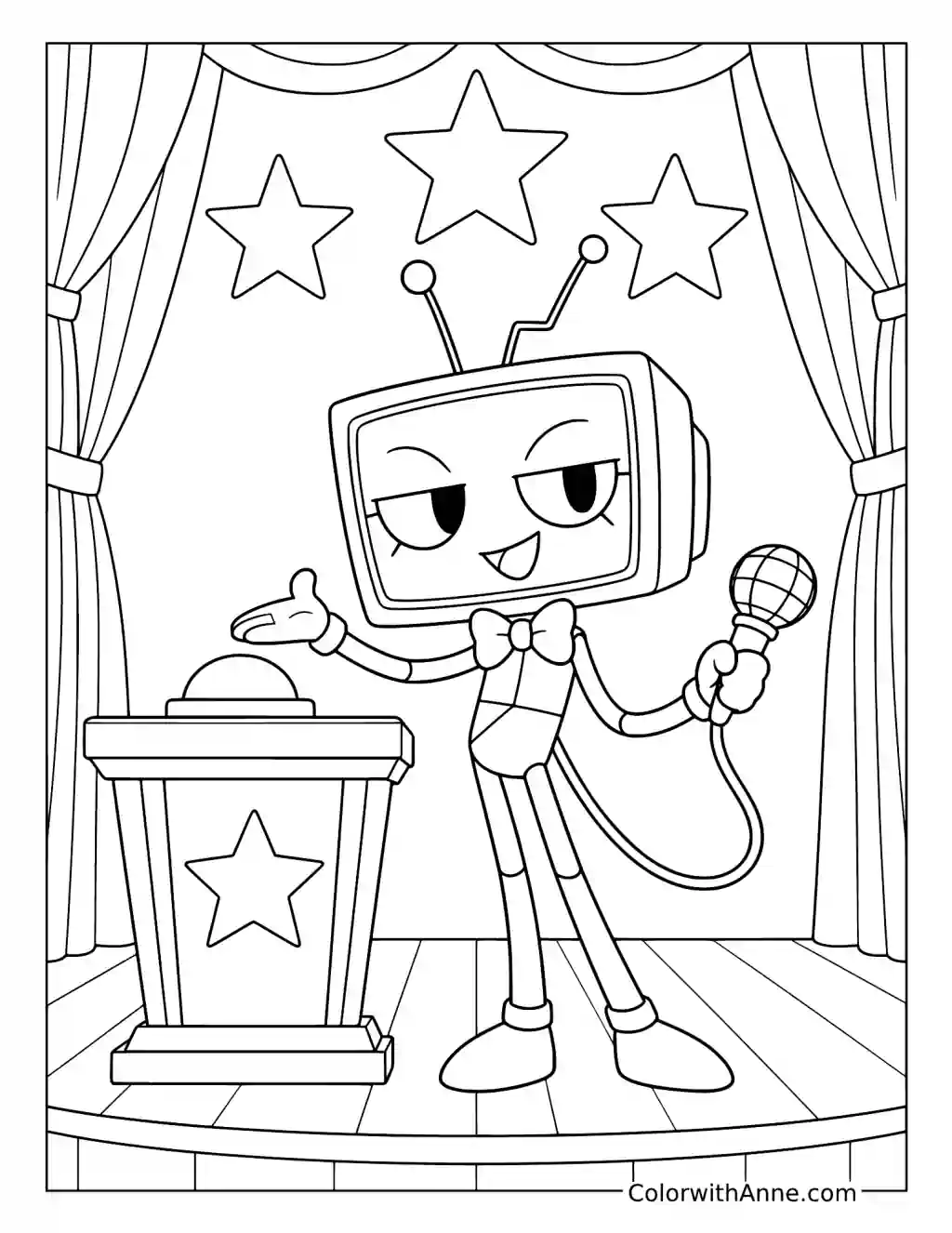 Vee holds a microphone beside a game show podium beneath stars and theater curtains.
