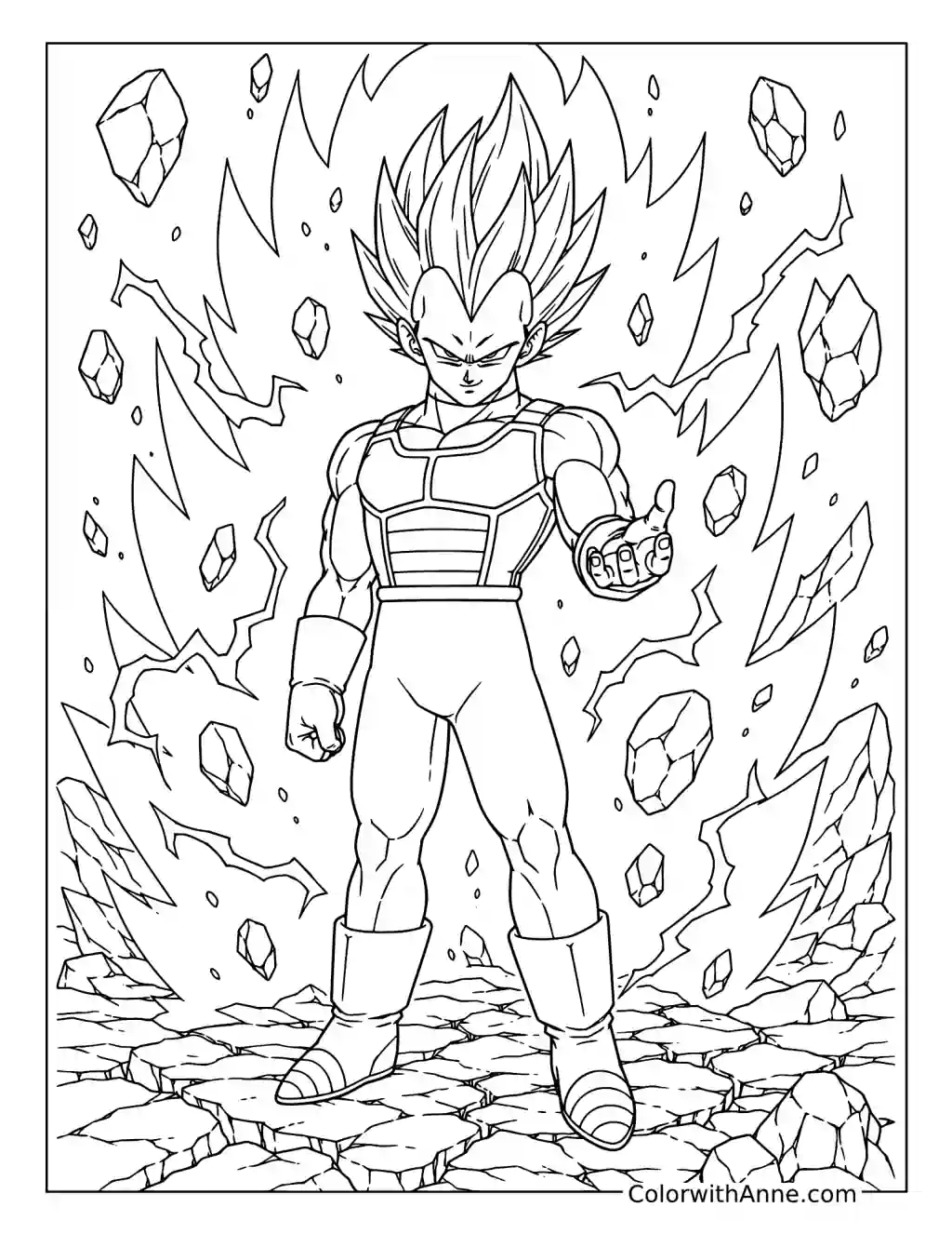 Vegeta Extending One Hand Amid Floating Rocks coloring page