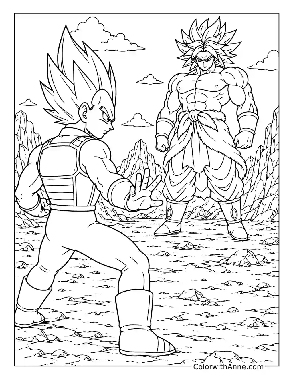 Vegeta Facing Broly in a Rocky Wasteland coloring page