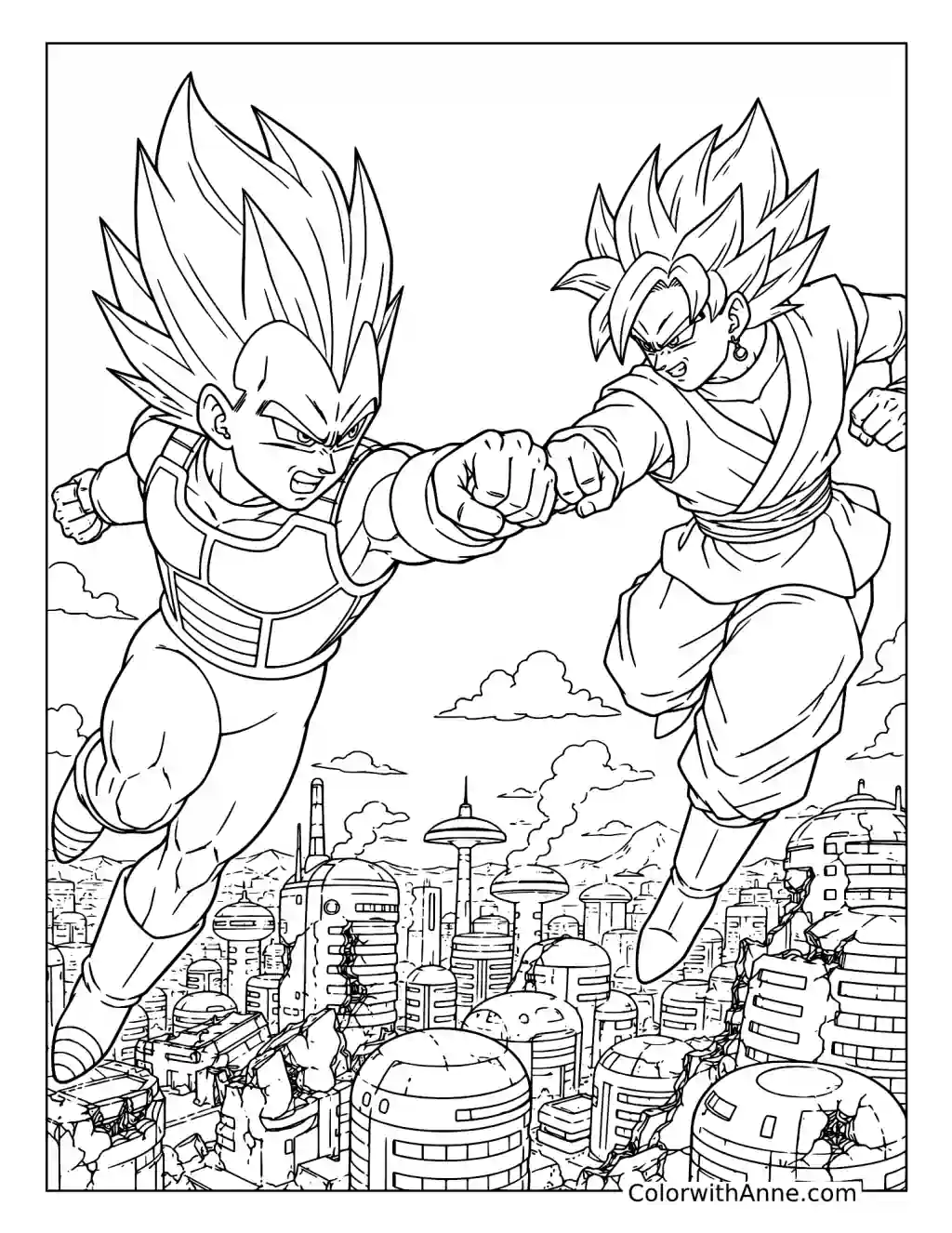 Vegeta Fighting Goku Black Above the Future City coloring page