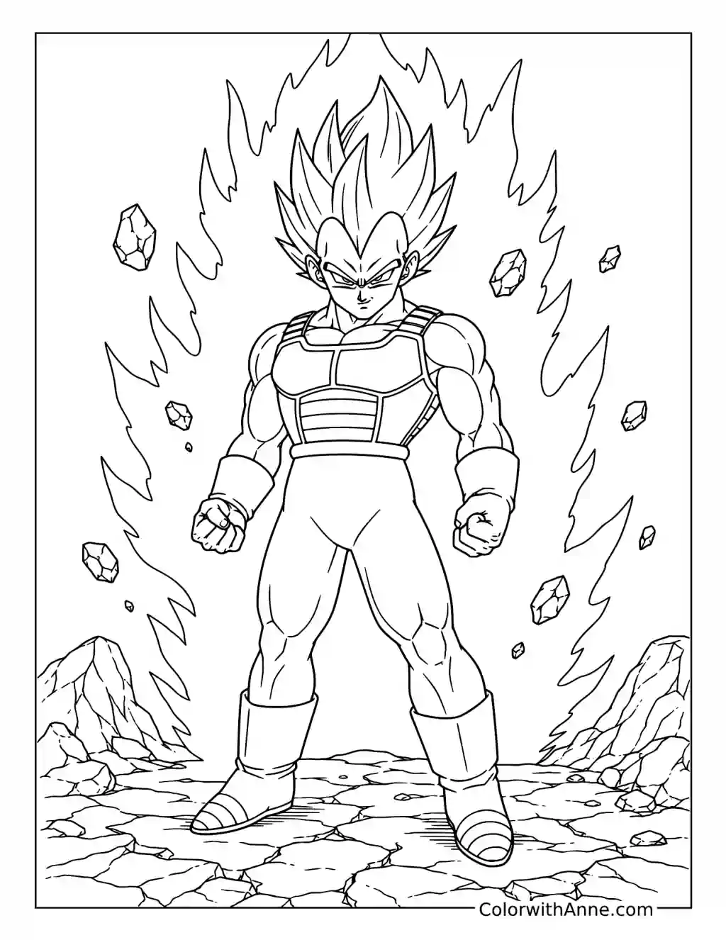 Vegeta Powering Up in a Rocky Wasteland coloring page