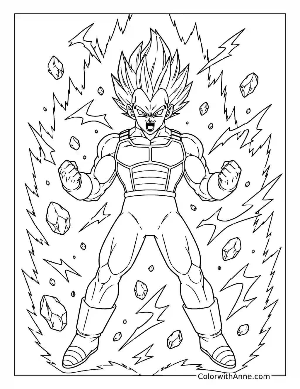 Vegeta Roaring with a Lightning Aura coloring page
