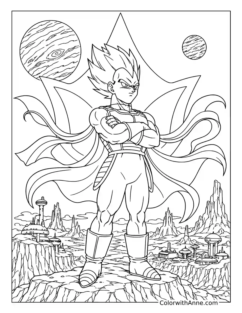 Vegeta Standing Above an Alien City coloring page