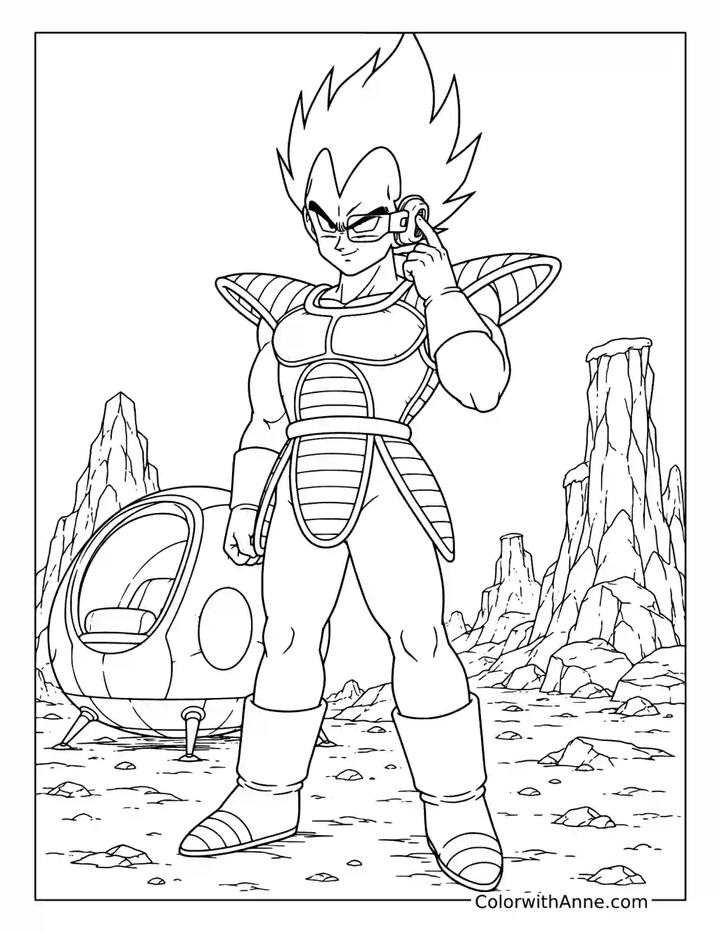 Vegeta with a Scouter on an Alien Planet coloring page