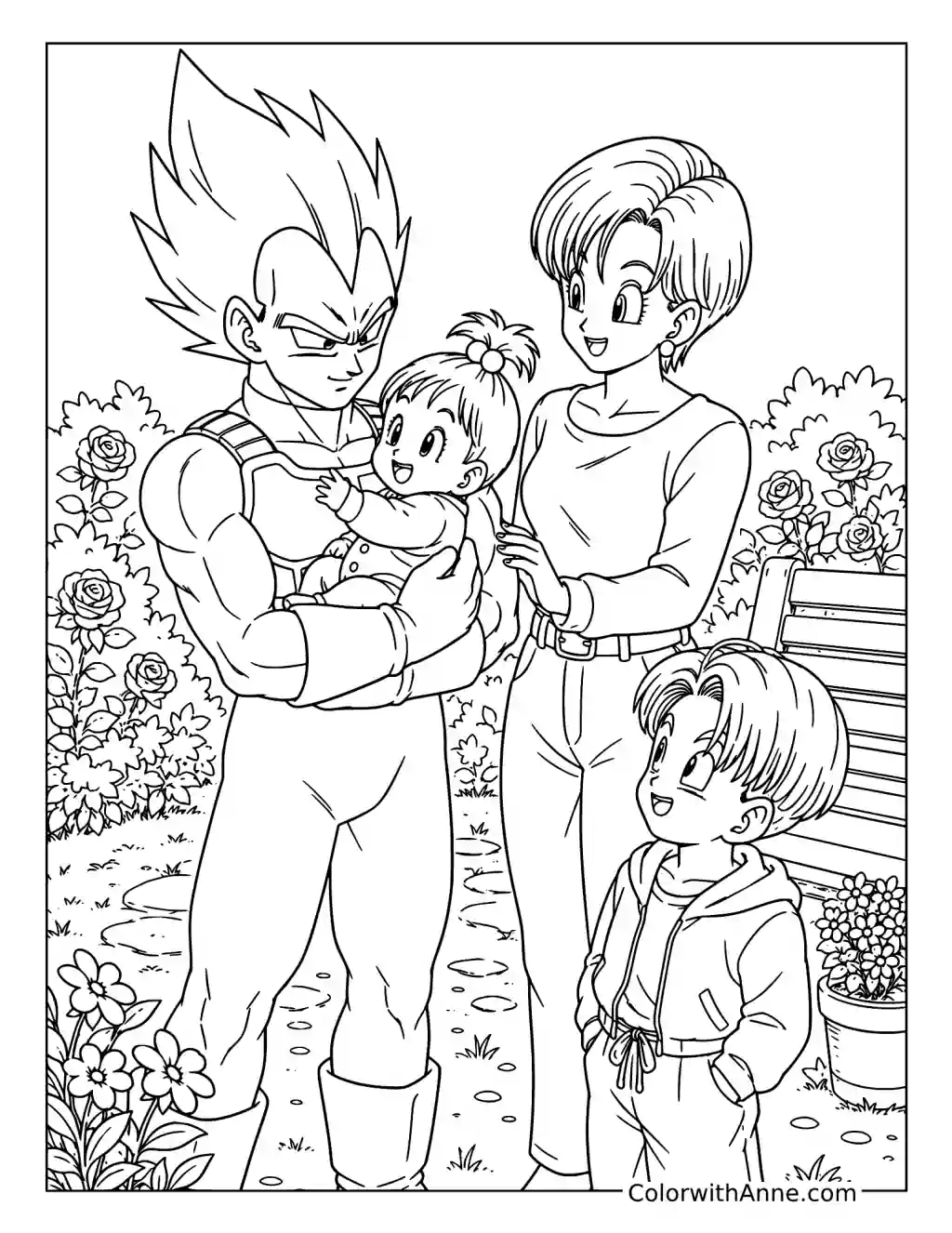 Vegeta with Bulma and the Children in a Garden coloring page