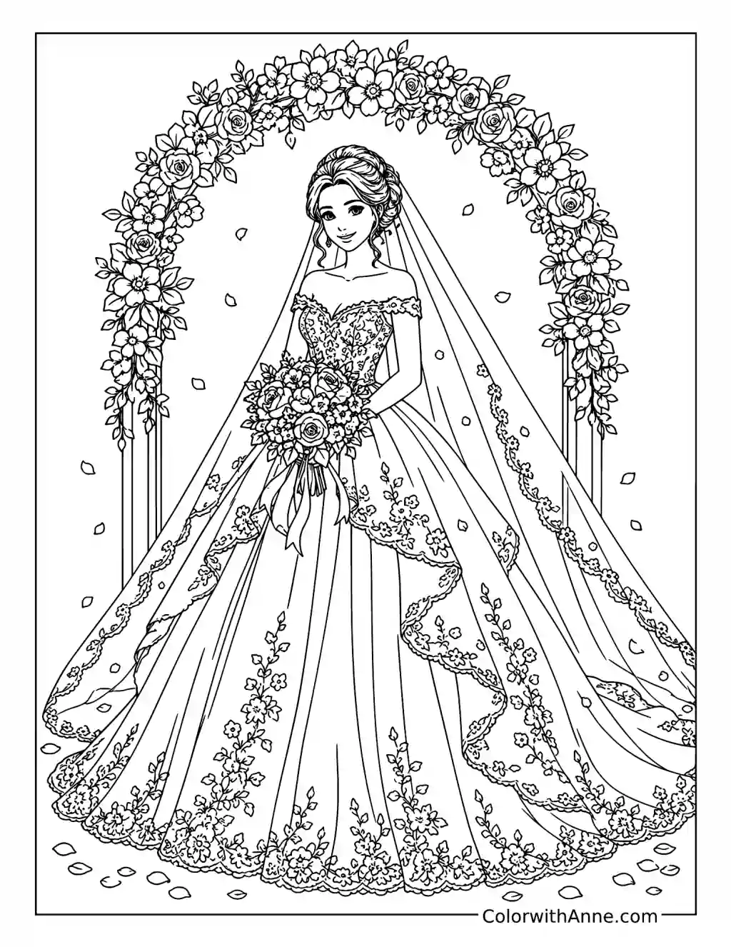 Veiled Bride Beneath a Flower Arch coloring page