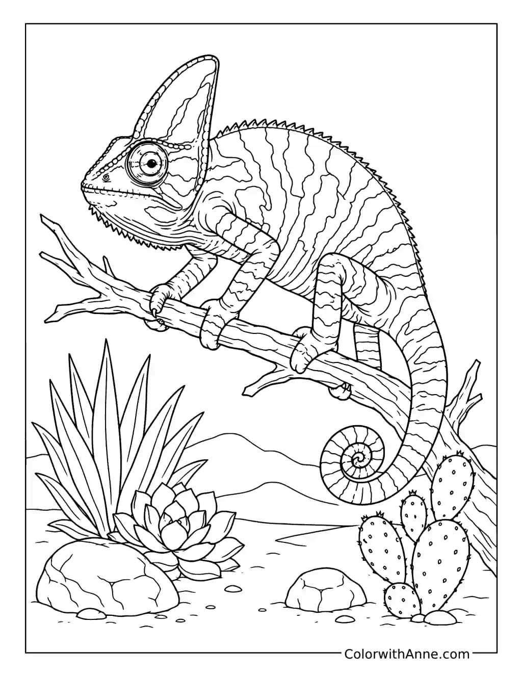 Veiled Chameleon on a Desert Branch coloring page