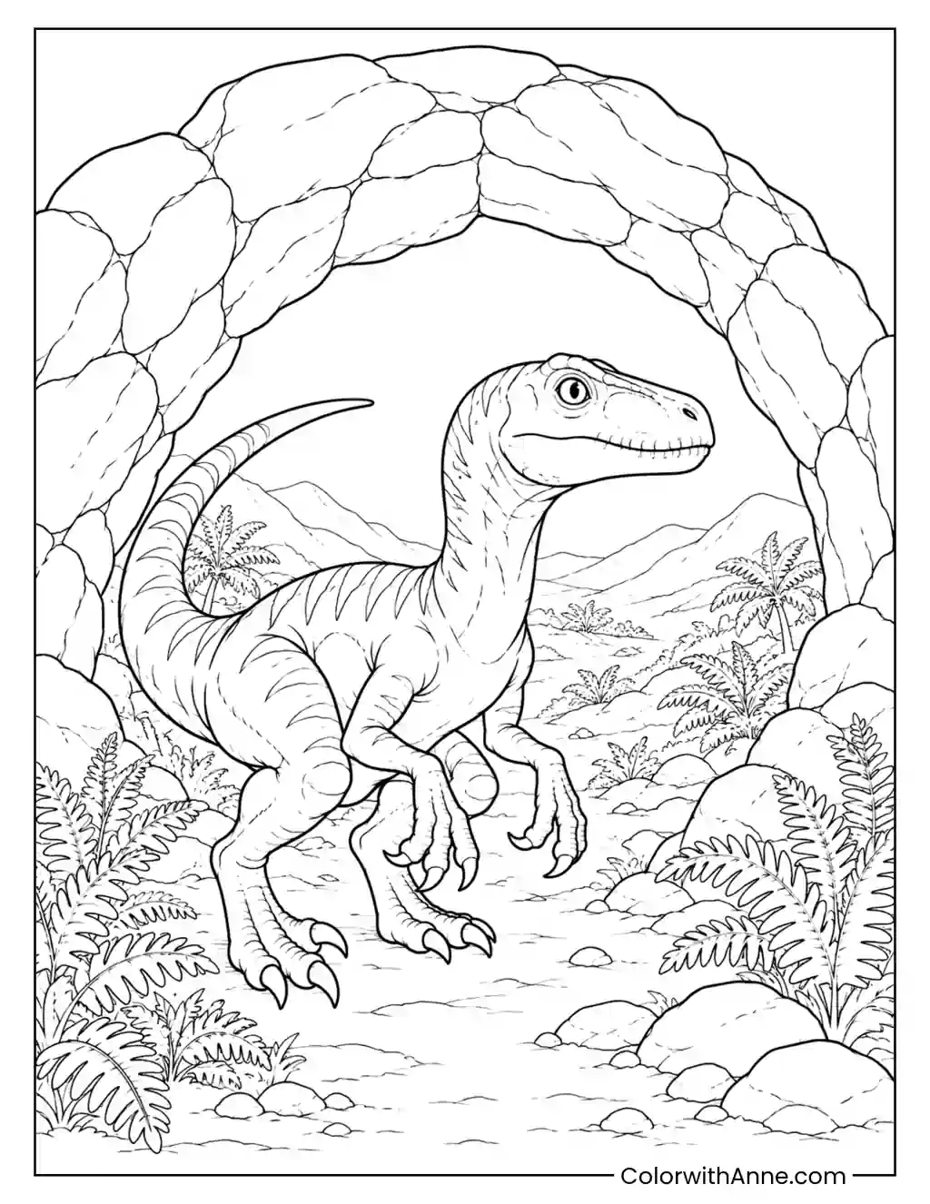 Velociraptor Beneath a Natural Stone Arch coloring page