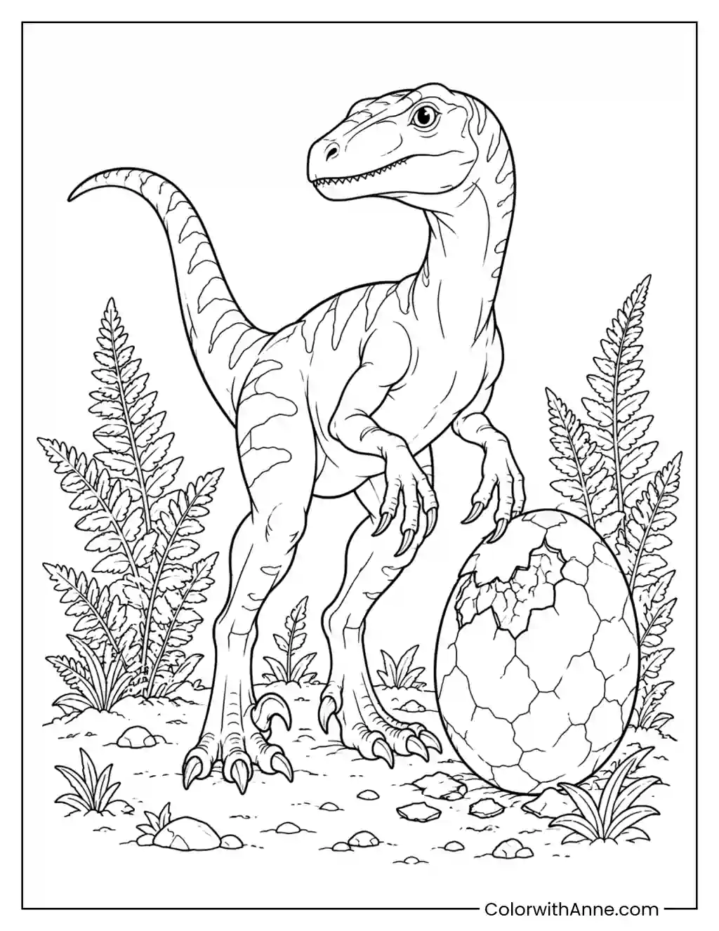 Velociraptor Beside a Cracked Dinosaur Egg coloring page