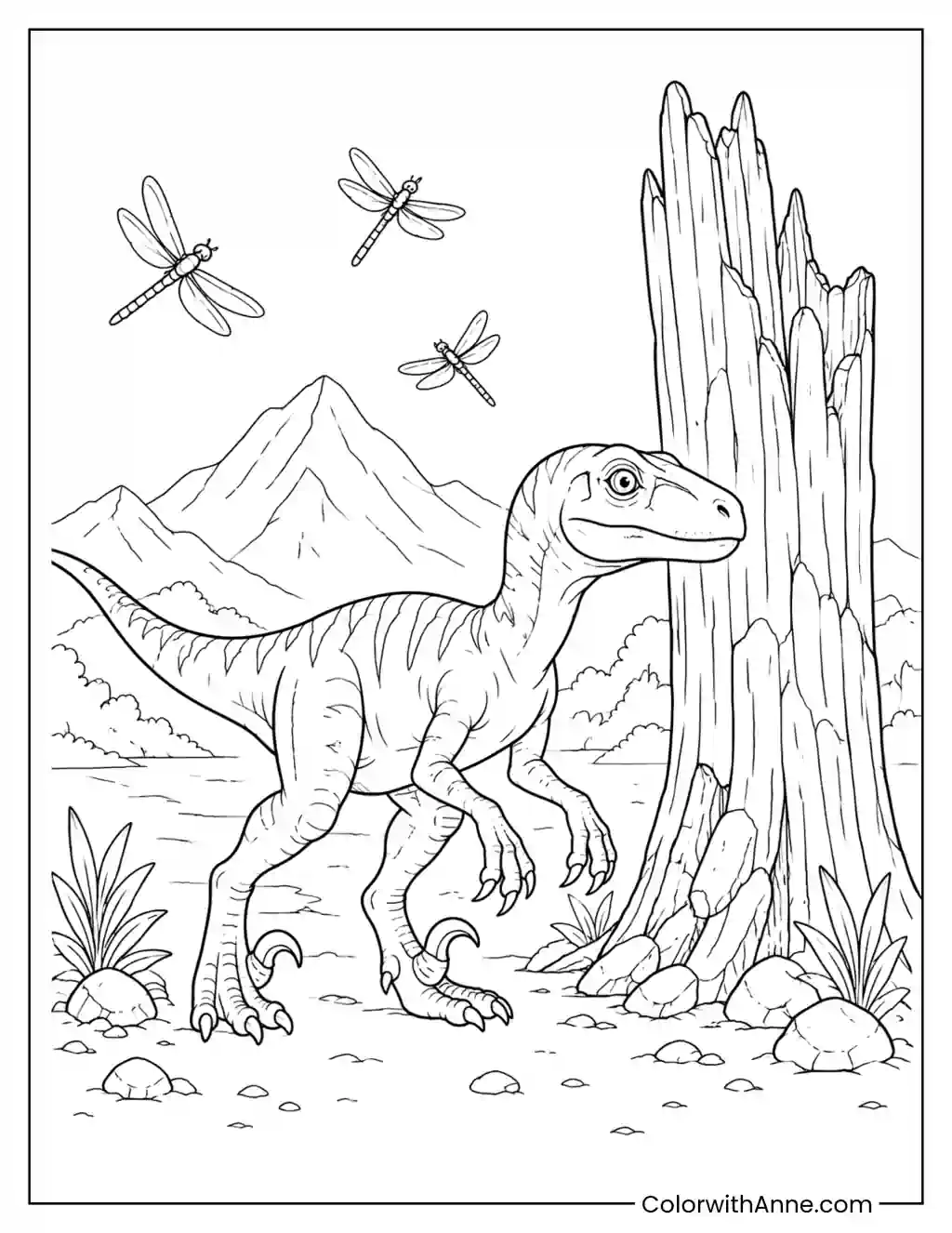 Velociraptor Beside a Weathered Tree Stump coloring page